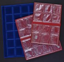 2db kisméretű éremberakó + 24db érme tárolására alkalmas plüss tálca kék színben műanyag fedővel, jó állapotban