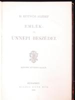 Eötvös József: -- emlék- és ünnepi beszédei. Második bővített kiadás. Bp., 1886, Ráth Mór. Kiadói, aranyozott, bordázott gerincű, félbőr sorozatkötésben, márványozott lapszélekkel. A bőr kopottas, a gerinc sérült, egyébként jó állapotú