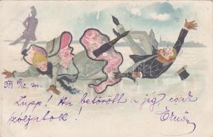 Ice skating, fall, humour, litho