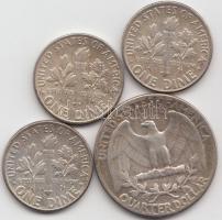 Amerikai Egyesült Államok 1951. 1/4$ Ag "Washington" + 1962-63-64. 1d Ag (3x) T:2,2- USA 1951. 1/4 Dollar Ag "Washington" + 1962-63-64. 1 Dime Ag (3x) C:XF,VF
