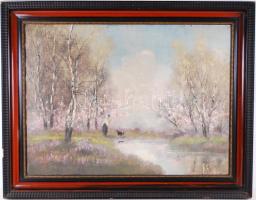 Kézdi Kovács László (1864-1942):Tavaszi séta. Olaj, karton, jelzett, keretben, 60×80 cm