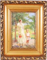 Nagy Vilmos (1874-1953): Kerti séta. Olaj, karton, jelzett, antik keretben, 31×21 cm