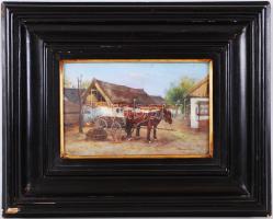 Németh György: Tyúkudvar lovas kocsival. Olaj, fa, antik keretben, 17×26 cm