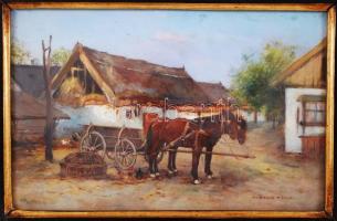 Németh György: Tyúkudvar lovas kocsival. Olaj, fa, antik keretben, 17×26 cm