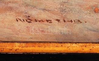 Németh György: Tyúkudvar lovas kocsival. Olaj, fa, antik keretben, 17×26 cm