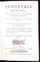 Dumesnil, Gardin: Synonymes latins, et leurs différentes singifications, avec des Esembles tirés des meilleurs Auteurs... par M. - -... Seconde édition... Paris, 1788, Nyon le jeune. Korabeli, aranyozott, bordázott gerincű, egészbőr kötésben, színezett élmetszéssel és előzéklapokkal. A gerinc egy-két kisebb sérülését és egy sarokhibát leszámítva szép állapotú /  Contemporary gold plated leather binding with raised bands, colored edges and endpapers. Some small faults on spine, and corner, otherwise nice condition