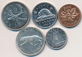 Kanada 1965. 1c Cu + 5c Ni + 10c Ag + 25c Ag + 1967. 25c Ag T:1-2 Canada 1965. 1 Cent Cu + 5 Cents Ni + 10 Cents Ag + 25 Cents Ag + 1967. 25 Cents Ag C:Unc-XF