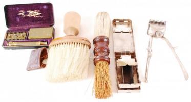 Vegyes borbély tétel: 2 db borbély pamacs, Gillette borotva készlet, borszesz égő és egy nyíró