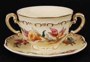 Zsolnay virág mintás kétfülű csésze és alj, kézzel festett, jelzett, hibátlan, pótlás céljából, m:7 cm