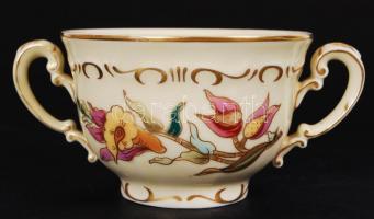 Zsolnay virág mintás kétfülű csésze és alj, kézzel festett, jelzett, hibátlan, pótlás céljából, m:7 ...