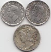 Nagy-Britannia 1938-1940. 3p Ag "VI. György" (2x) + Amerikai Egyesül Államok 1927. 1d Ag "Mercury" T:2/2- Great Britain 1938-1940. 3 Pence Ag "George VI" (2x) + USA 1927. 1d Ag " Mercury" C:XF/VF