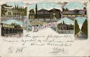 1898 Buziás Gyógyterem, Mihály és József forrás, Meleg fürdő, bazár, fasor a meleg fürdőhöz / spa, fountains, bazaar, floral (fa)