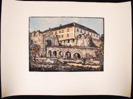 Réti Mátyás (1922-2002): Siklós, színezett linó, papír, jelzett, 26×35 cm