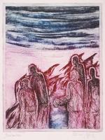 Klimaj György (1942-2011): Zsákutca. Színezett rézkarc, papír, jelzett, 19×15 cm