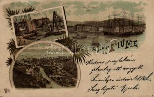 Fiume Trsat port, sailboats, litho