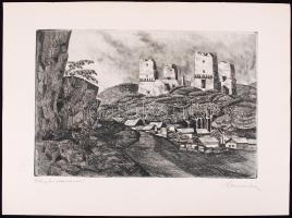 Czinke Ferenc (1926-2000): Diósgyőri rekonstrukció. Rézkarc, papír, jelzett, 19×29 cm