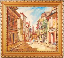 Olvashatatlan jelzéssel: Utca részlet. Olaj, vászon, keretben 34×38 cm