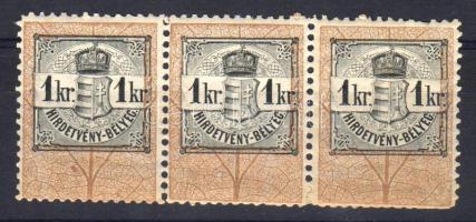 1887. 1kr Hírdetvénybélyeg hármascsík (30.000) / Ankündigungsstempelmarke Dreierstreifen