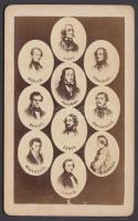 cca 1869 Liszt Ferenc és további 9 zeneszerző vizitkártya méretű tablóképe, 10,5x6,5 cm