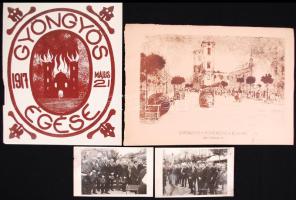 1937 2 db levlap méretű fénykép a Gyöngyösi Kaszinó Egyesület 100 éves jubileumi ünnepségéről, mindkét kép feliratozva, a képeken foltok. + hozzáadva Kerny István (1879-1963) Gyöngyös égése című két grafikáját