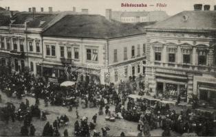 Békéscsaba Fő tér, Reisz Gyula, Lőwy Jakab és Társa, Leszich Kálmán üzletei, piac
