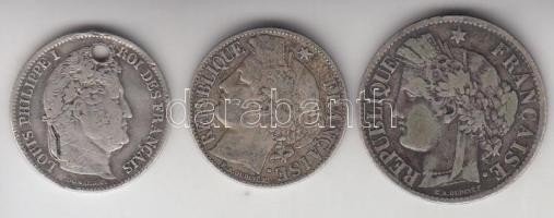 Franciaország 1834. 1Fr Ag ly. + 1895. 1Fr Ag + 1871. 2Fr Ag T:3 France 1834. 1 Franc Ag hole + 1895. 1 Franc Ag + 1871. 2 Franc Ag T:F