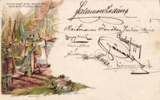 4 db régi képeslap: Gödöllő, Budapest, Nagytálya, Ferenc József koronázása (litho)