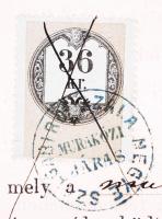 1865 Bírósági jegyzőkönyv 5kr+15kr+12kr+36kr illetékbélyeggel, a 12kr-ás bélyeg vízjeles