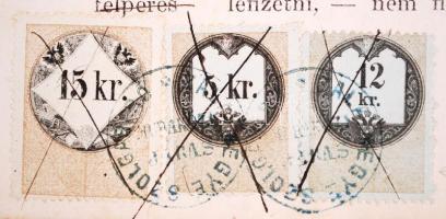 1865 Bírósági jegyzőkönyv 5kr+15kr+12kr+36kr illetékbélyeggel, a 12kr-ás bélyeg vízjeles