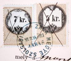 1865 Tárgyalási jegyzőkönyv 5krB + 2x7krA, vízjeles, keskenyre fogazott illetékbélyeggel