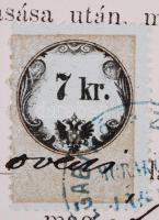1865 Tárgyalási jegyzőkönyv 5krB + 2x7krA, vízjeles, keskenyre fogazott illetékbélyeggel