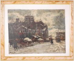 Berkes jelzéssel: Téli utca. Olaj, karton, sérült, üvegezett modern keretben, 45×55 cm