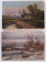 Kallós Béla: 2 db tájkép, egyik szakadt vászonnal, jelzett, olaj, vászon, 20×30 cm (2×)