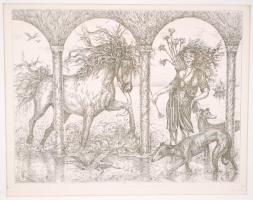 Balla Margit (1947-): Vadászat. Rézkarc 96/100, papír, jelzett, üvegezett keretben, 28×36 cm