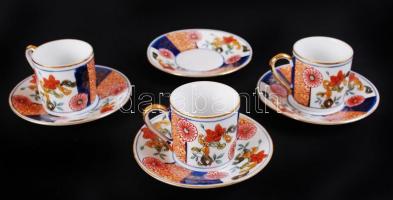 Kis porcelántétel: 3db, kézzel festett, aranyozott kávéscsésze 4db hozzá tartozó aljjal, valamint eg...