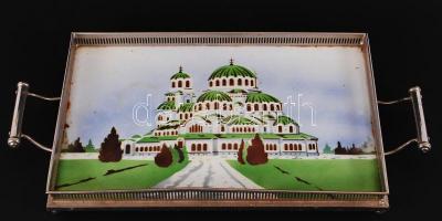 Art deco stílusú, fém tálca porcelán betéttel /  Porcelain and metal tray in art deco style, 20x42cm