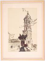 Pfannl Egon (1911 - 1973): Várhelyőrségi templom. Nagyméretű nyomat, üvegezett igényes keretben 50×36 cm / Budapest after the World War II, offset