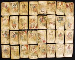XIX. sz közepe: Sokat forgatott 32 lapos jóskártya 4 nyelvű felirattal /  XIXth century: Fortune teller card 32 cards with 4 language description