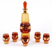 Retró, festett, aranyozott likőrös készlet: palack dugóval és 5db pohár /  Retro liqueur set: bottle with cork and 5 glasses, 34cm, 8cm