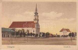 Csongrád Kossuth tér, templom, Bozó és Justin kiadása (EK)