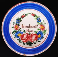 XIX. sz Isten hozott Mari feliratos jelzett miskolci kerámia tányér, kézzel festett (korának megfelelő állapotban) d: 20 cm