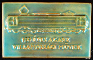 Zsolnay "100 éves a ganz villamossági művek" plakett, eozin mázas, 9×14 cm
