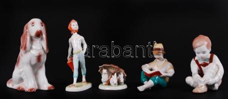 Hollóházi, Drasche, Aquincum figurális porcelánok, jelzettek, kézzel festettek, hibátlanok, összesen:5 db