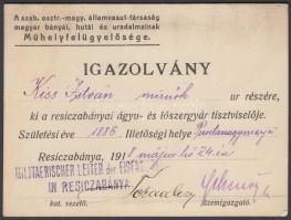 1918 Resicabányai ágyú és lőszergyár tisztviselőjének kiállított MÁV igazolvány