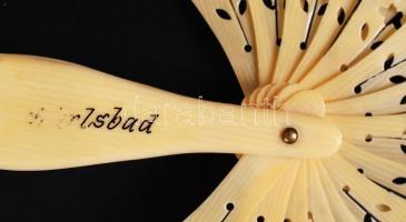 Cca 1920 "Karsldbad" feliratú csont legyező, szakadással, h:13-19 cm