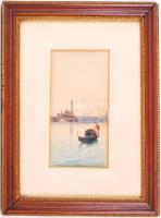 Jelzés nélkül: Velence gondolással. Akvarell, karton, üvegezett antik keretben, 18×9 cm