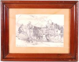 Pörge Gergely (1858-1930): Kipakolás. Ceruza, papír, jelzett, üvegezett keretben 15×21 cm