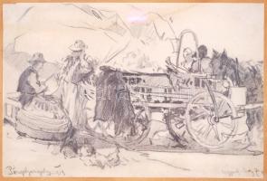 Pörge Gergely (1858-1930): Kipakolás. Ceruza, papír, jelzett, üvegezett keretben 15×21 cm