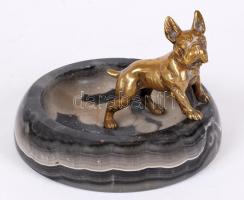 Bulldog névjegykártya tartó, bronz, márvány talapzaton, d:14 cm, m:11 cm