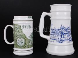 Hollóházi Sopron 1770-1982 korsó és Alföldi városképes korsó, matricásak, jelzettek, hibátlanok, 16-20 cm